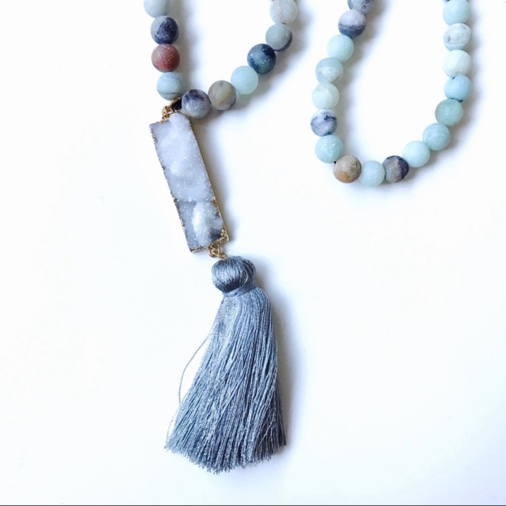 Amazonite & Druzy Bar Mala Bead Necklace w/ Tassel
